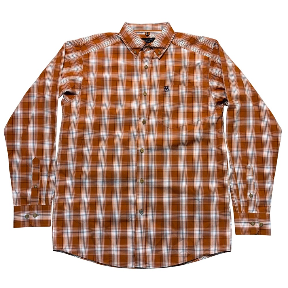 Ariat Pro Series Mens Small Orange Plaid Long Sleeve Western Button Down Shirt